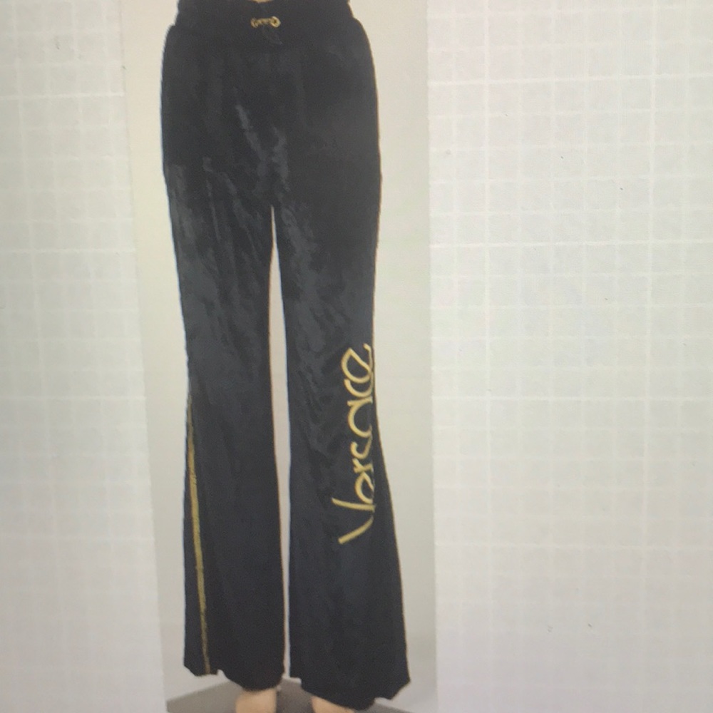 Versace wide leg velvet pants w/ spelled out logo